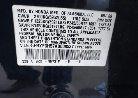 2010 Honda Pilot Ex-L from USA, damaged, VIN 5FNYF3H57AB008537